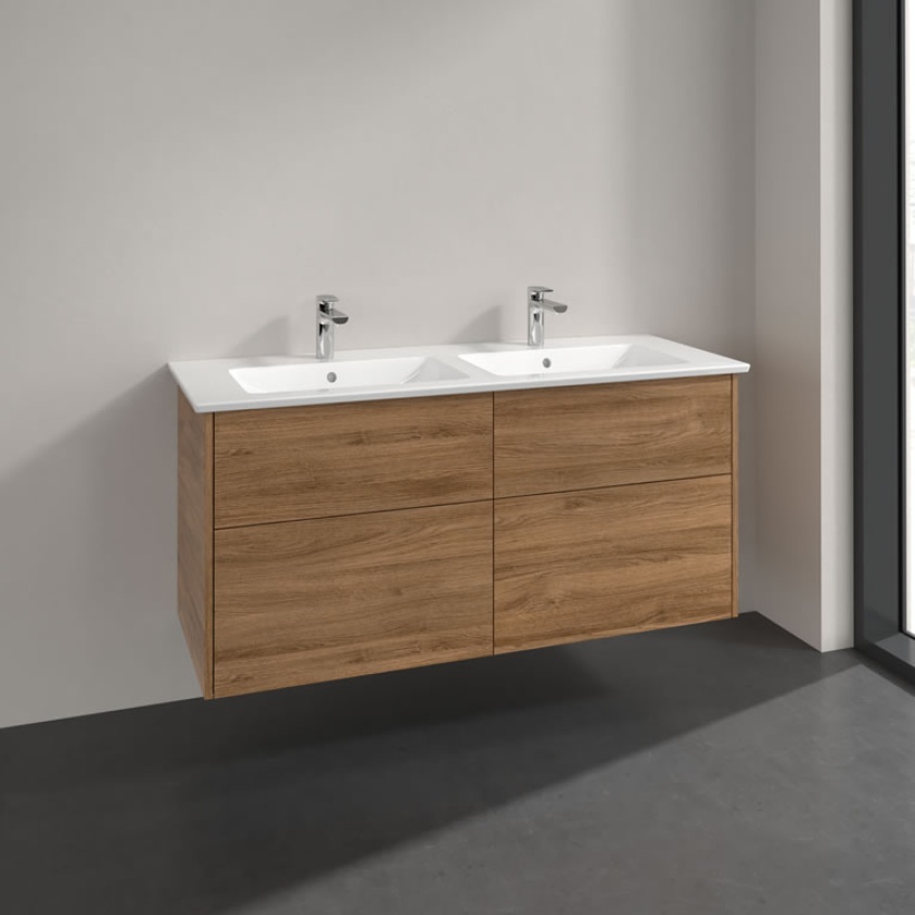 Lifestyle image of Villeroy & Boch Finero Kansas Oak 1300mm Wall-Hung Vanity Unit & Double Basin